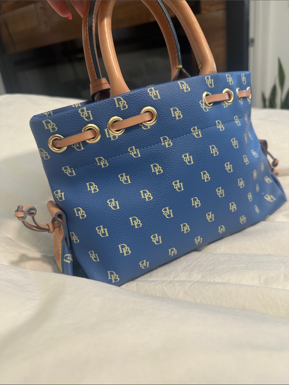 Dooney & Bourke Mini Blue and Tan Logo Satchel - Picture 4 of 10